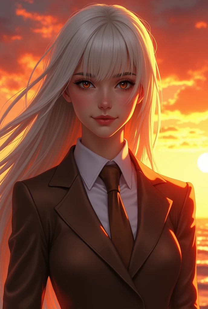 Sunset shimmer as Yana Master derek Jacobi female with white hair color brown suit and brown necktie