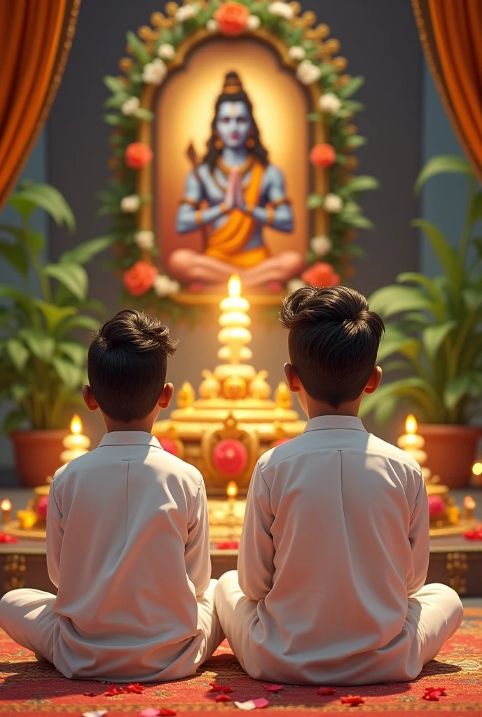A Indian two young brother, both 20 years old, are seated and praying in front of a Shivling adorned with flowers and belpata (green leaves). Behind them, there's a floral board with an image of Lord Shiva. They Both are wearing a white kurta , Both of them have stylish hair and look very cute, enhancing the spiritual or religious ambiance.(Realistic),(details).