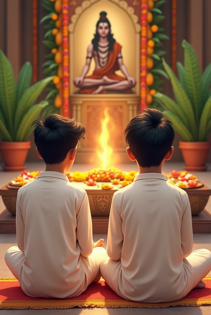 A Indian two young brother, both 20 years old, are seated and praying in front of a Shivling adorned with flowers and belpata (green leaves). Behind them, there's a floral board with an image of Lord Shiva. They Both are wearing a white kurta , Both of them have stylish hair and look very cute, enhancing the spiritual or religious ambiance.(Realistic),(details).