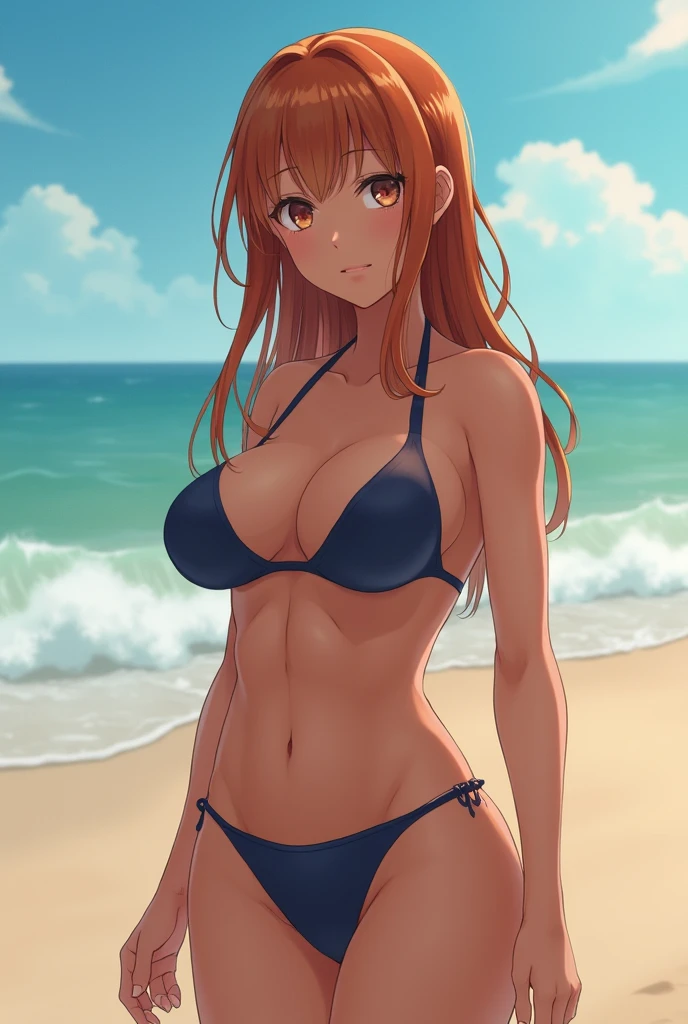 Asuna getting wet on the beach in a swimsuit with big breasts and her private part showing through the swimsuit