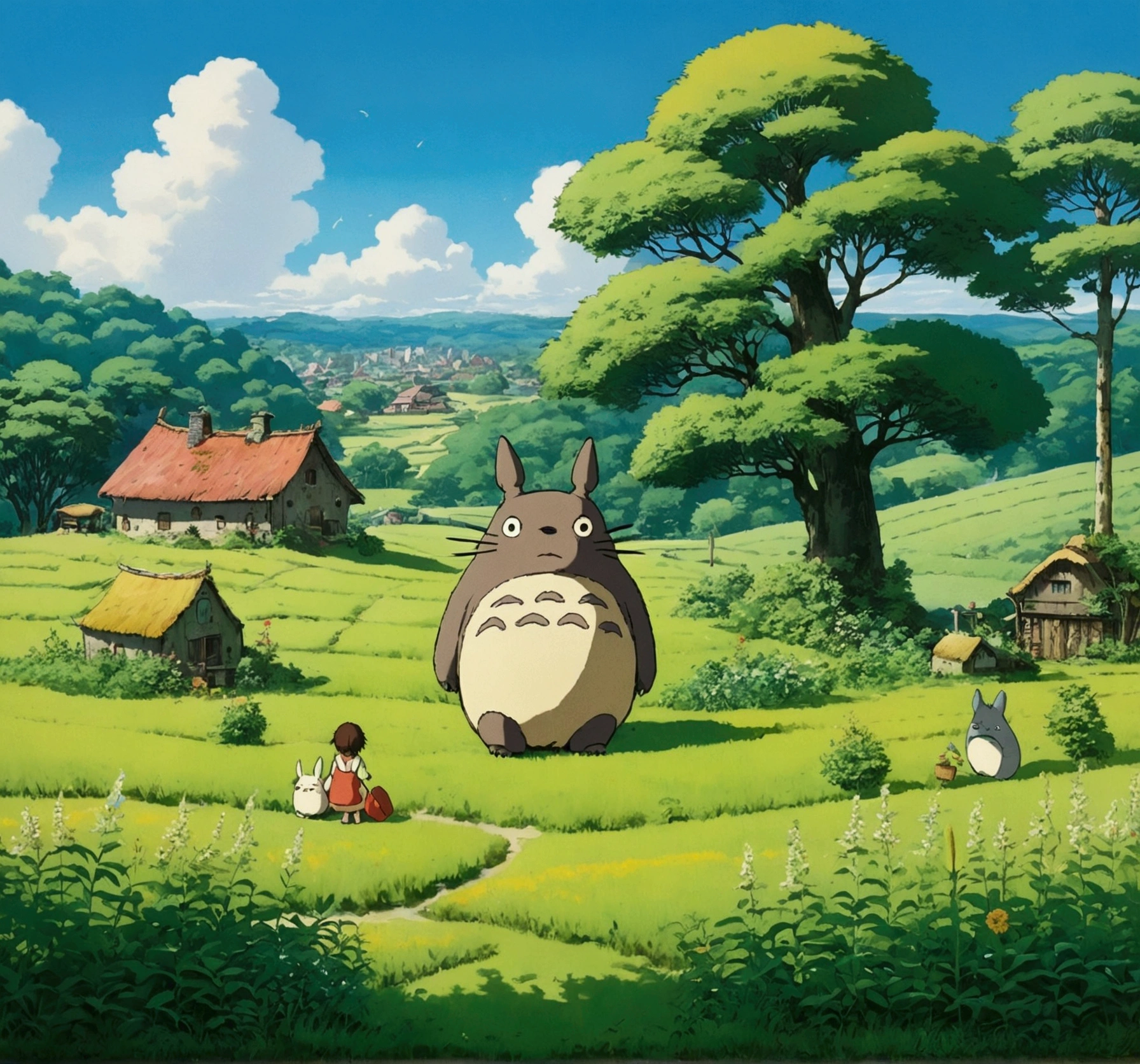 in the farm meadow、Ghibli style、My Neighbor Totoro Scenery