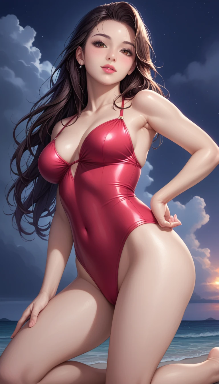 score_9, score_8_superior, score_7_superior, High-resolution CG illustration,A masterpiece in 32K resolution,Highest quality,it is really amazing,Very detailed,Ultra-high resolution,Ultra-realistic,Realistic,Increased depth of field,Cinematic lighting,
Sexy mature Japan woman,
Straight long hair with black hair,Ultra-detailed and beautiful face,Calm and gentle look,Beautiful brown eyes,Translucent white skin,Realistic skin texture,Great proportions,
Elegant red swimsuit,
Simple design,Chic color scheme based on red,Detailed fabric texture,
(Dark overcast sky on a dull night:1.1),(Dark clouds filling the sky:1.1),Thundercloud,Coastline at night,Stormy seas,delay々A desolate sandy beach that continues,
Stretching on the beach, kneeling.,Low - Angle,