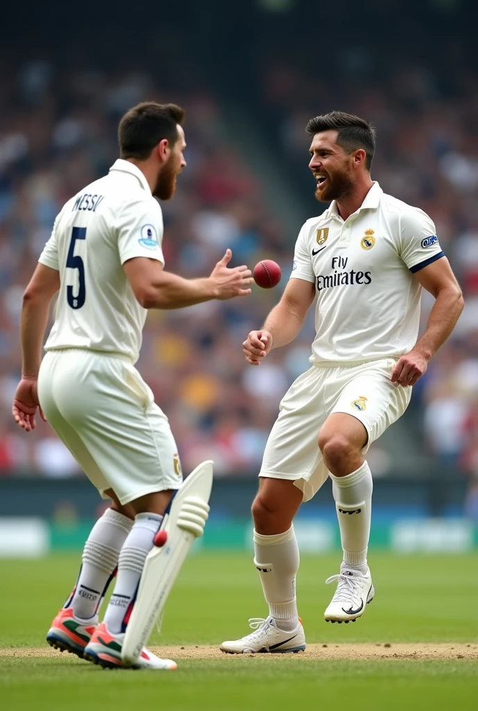 Messi and Cristiano Ronaldo playing cricket