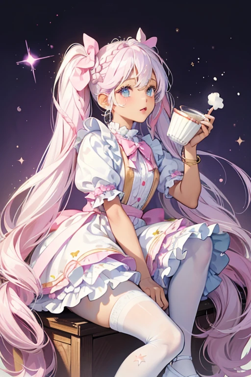 A dark skinned girl with milk blue and lilac eyes. Her lips and cheeks are neutral pink and she wears white eye-shadow. She has long white hair worn in braided twin-tails with streaks of pink and gold, held by marshmallows, and her bangs are entirely swept to the right with an additional lilac streak. She wears a white dress with a milk blue collar and a baby pink ribbon hanging from the center, and her skirt is trim with milk blue frills and covered in a faint pastel marshmallow pattern. She also wears a marshmallow bracelet, pastel yellow tights, and milk blue shoes with stripes around the ankle and a baby pink bow on the foot. SPARKLE; GLITTER