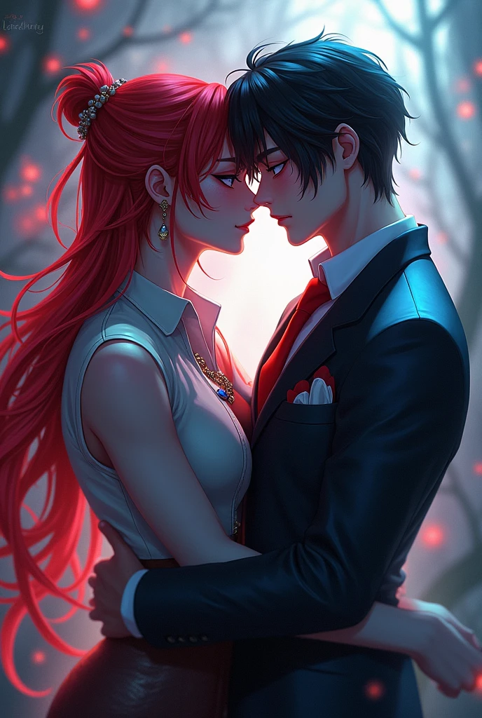 Gay couples one with red hair cyan eyes and second one with black hair red eyes like hanzo and hayabusa from mobile legends
