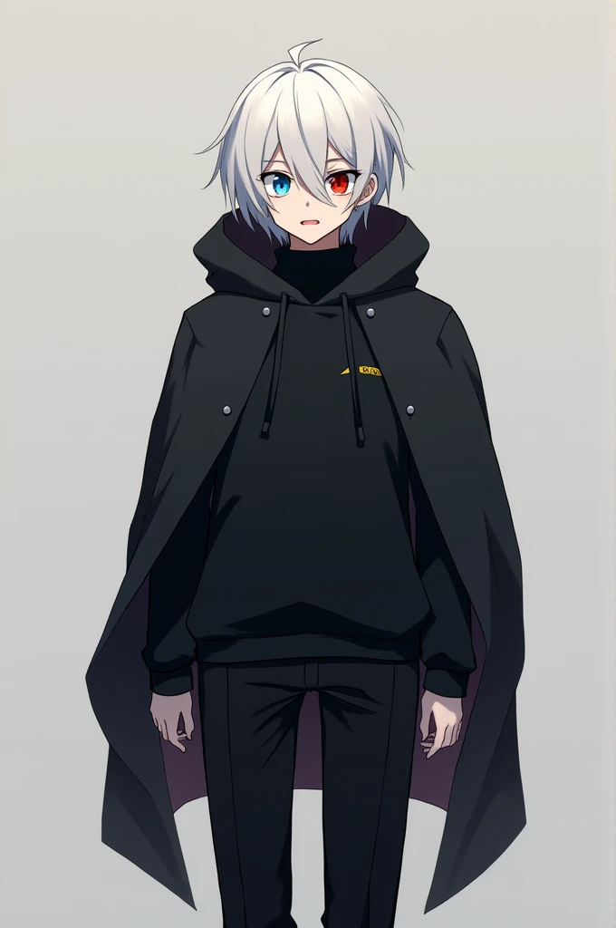 An anime mode character with these appearance specifications:
15 Man Physical Appearance:
Height: 1.70 Weight: 65 Hair color: white and short, He has a bang covering his left red eye so that no one can see him..
eyes: Right color light blue and left red containing a cut.
His mouth also has a slit at the end of the right side of the mouth which is a little smaller than the eye..
And his tongue is split in two.
He wears a black hooded cloak, black pants and a long-sleeved wool shirt with a turtleneck, some short brown boots.
