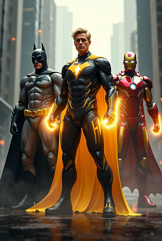 Make Batman and Ironman and a blond man with a black and gold superhero suit and a golden cape who controls energy