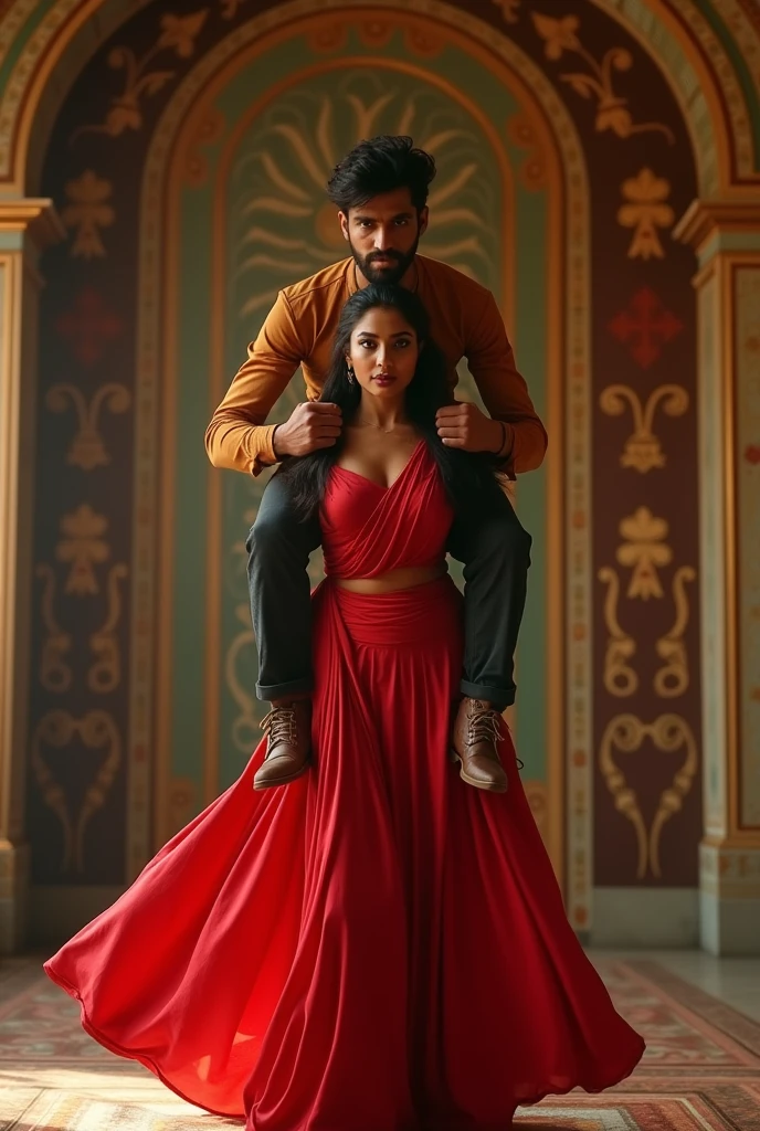 Create a realistic photograph of a smiling and beautiful indian actress in red satin carrying a large man on her shoulders in a room, man is sitting on top of her shoulders , man on top, woman at bottom 