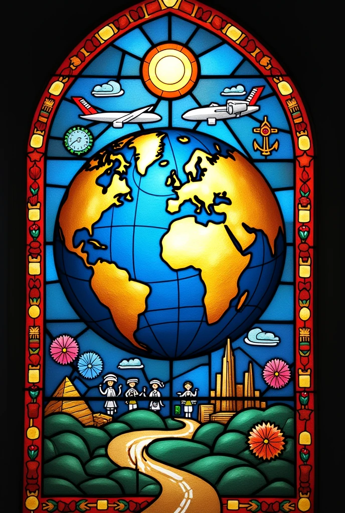 Create an art about globalization. Make it like the stained glass on church windows. Include objects relating to or depicting economy , finance , culture. Diversity, travel, education. Peace, wonders of the world, internet. Just use 1 single big stained glass. Add details like the wonders of the world , dollar peso euro yen sign , food, music, gears , internet , connectivity. Fit to screen. More details. Add 1 plane, 2 suitcase ,3 cogs , money sign , eiffel tower , pyramid , statue of liberty. Just a single big window. Make the globe smaller and the other details bigger. Remove the flowers. Use white line to connect countries together. Show stock prices going up , show books , show phones, laptop, road , airplane , money.  Smaller globe or Earth i 