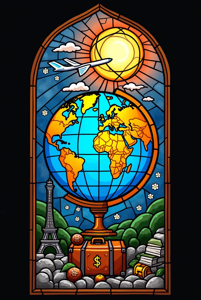 Create an art about globalization. Make it like the stained glass on church windows. Include objects relating to or depicting economy , finance , culture. Diversity, travel, education. Peace, wonders of the world, internet. Just use 1 single big stained glass. Add details like the wonders of the world , dollar peso euro yen sign , food, music, gears , internet , connectivity. Fit to screen. More details. Add 1 plane, 2 suitcase ,3 cogs , money sign , eiffel tower , pyramid , statue of liberty. Just a single big window. Make the globe smaller and the other details bigger. Remove the flowers. Use white line to connect countries together. Show stock prices going up , show books , show phones, laptop, road , airplane , money. Smaller globe or Earth i