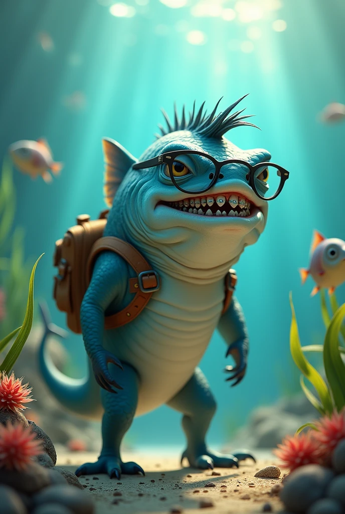 A piranha with glasses, short hair, a backpack, and braces on its teeth.