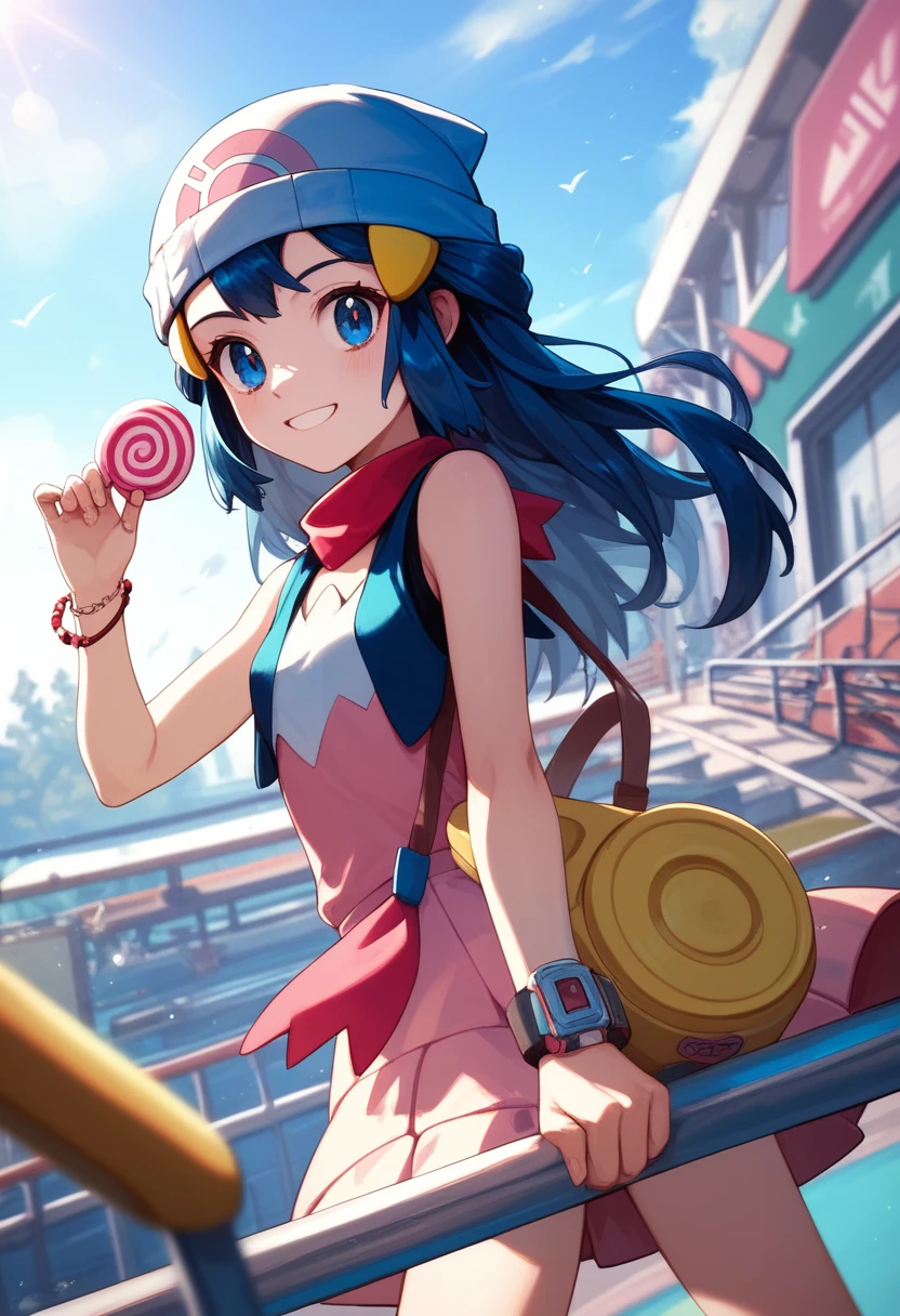 gonzarez, masterpiece, , dawn,pokemon,1 girl , Alone, smile, blue hair, amusement park,blue eyes,sexy ,Accessories{bracelet,wait,hair clips}roller coaster,cotton candy