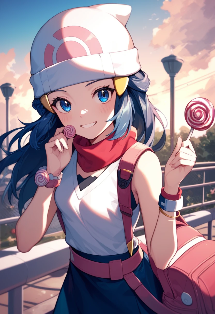 gonzarez, masterpiece, , dawn,pokemon,1 girl , Alone, smile, blue hair, amusement park,blue eyes,sexy ,Accessories{bracelet,wait,hair clips}roller coaster,cotton candy