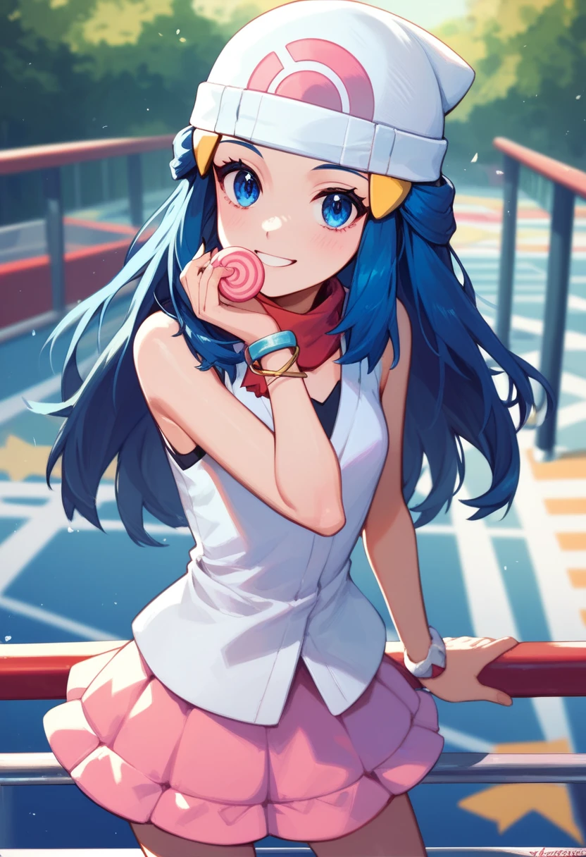 gonzarez, masterpiece, , dawn,pokemon,1 girl , Alone, smile, blue hair, amusement park,blue eyes,sexy ,Accessories{bracelet,wait,hair clips}roller coaster,cotton candy