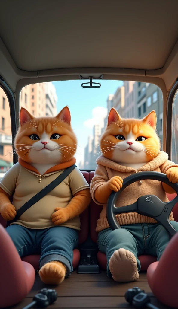 A pair of cute chubby cats are in a car, with the male cat behind the wheel, concentrating on driving, while the female cat sits beside him, looking relaxed and pampered. Both cats are dressed in casual, human-like clothing, giving the scene a charming and whimsical vibe as they enjoy their drive together. camera position in front of car, location in city street.