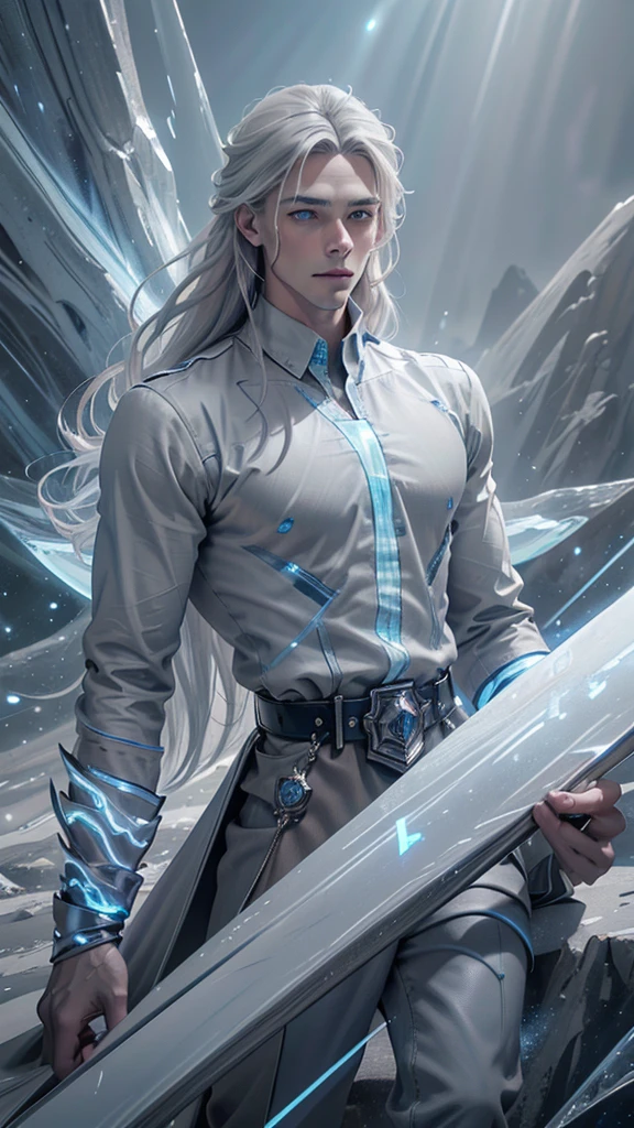 adult tall handsome handsome manly man 35 years old, ice sorcerer, long straight gray hair, blue eyes, blue cape, long gray military general's clothing, boots, white gloves, belt, (best of all quality,4k,8k,highres,masterpiece:1.2),ultra-detailed,(realistic,photorealistic,photo-realistic:1.37),fantasy, magic, ice magic, cinematic lighting, dramatic, detailed facial features, dramatic pose, complex details, atmospheric environment, fantastic landscape. ((((White shirt))((grey trousers))((Blue aura)) ((long straight platinum hair))((beautiful face))