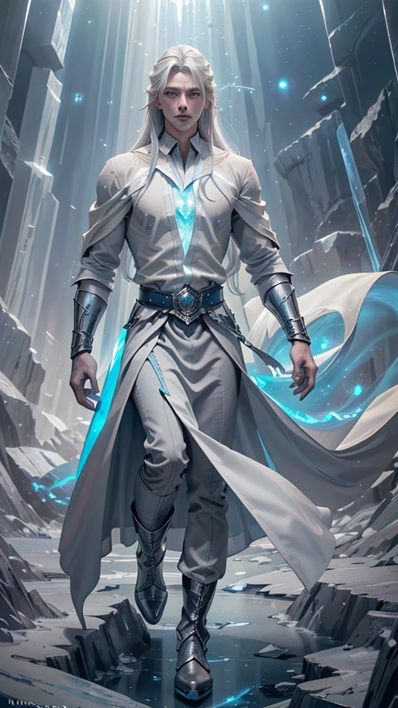 adult tall handsome handsome manly man 35 years old, ice sorcerer, long straight gray hair, blue eyes, blue cape, long gray military general's clothing, boots, white gloves, belt, (best of all quality,4k,8k,highres,masterpiece:1.2),ultra-detailed,(realistic,photorealistic,photo-realistic:1.37),fantasy, magic, ice magic, cinematic lighting, dramatic, detailed facial features, dramatic pose, complex details, atmospheric environment, fantastic landscape. ((((White shirt))((grey trousers))((Blue aura)) ((long straight platinum hair))((beautiful face))