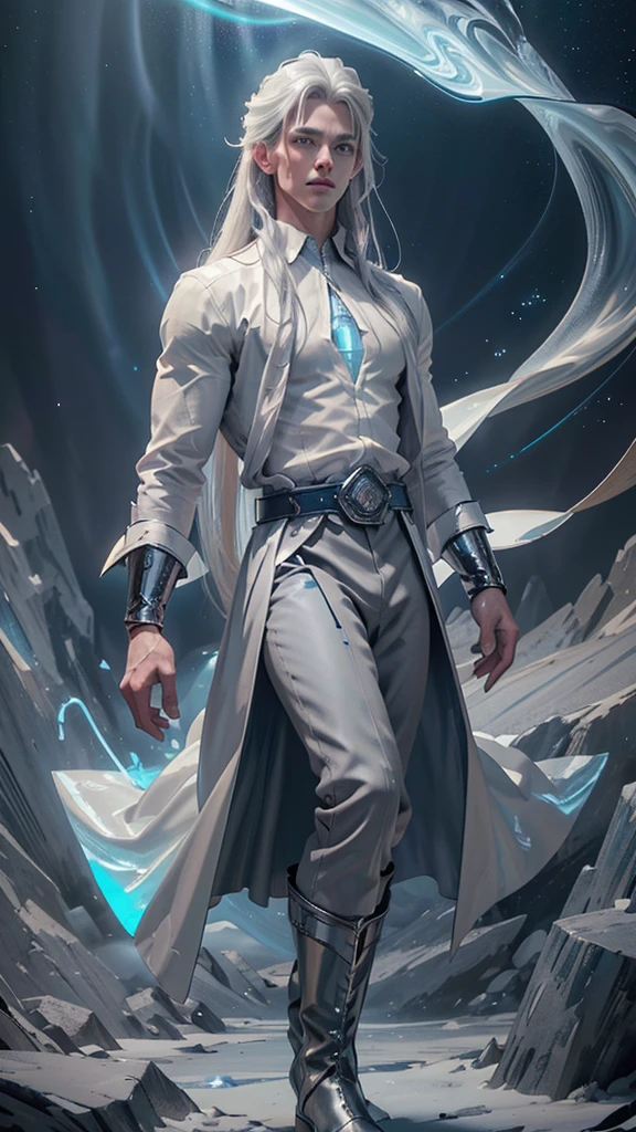 adult tall handsome handsome manly man 35 years old, ice sorcerer, long straight gray hair, blue eyes, blue cape, long gray military general's clothing, boots, white gloves, belt, (best of all quality,4k,8k,highres,masterpiece:1.2),ultra-detailed,(realistic,photorealistic,photo-realistic:1.37),fantasy, magic, ice magic, cinematic lighting, dramatic, detailed facial features, dramatic pose, complex details, atmospheric environment, fantastic landscape. ((((White shirt))((grey trousers))((Blue aura)) ((long straight platinum hair))((beautiful face))