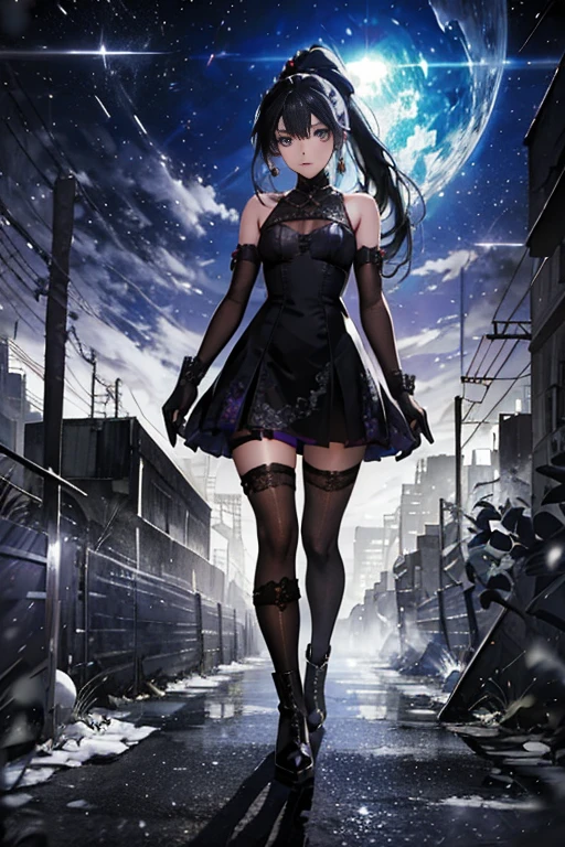 Anime Art、The streets and alleys of Hong Kong、Full body portrait、Modern street killer、Moonlit Ruins、Slim woman, Height: 155cm, Around , Wearing a black mini dress, bare hands、Black knee-high socks、Ponytail Hairstyles、The eyes are covered by the bangs、Black Hair, Ambiguous expression、Purple eyes、gloves、boots、She's wearing silver earrings..,Cold Stare, Small breasts,Gothicta,Masamune Shirow