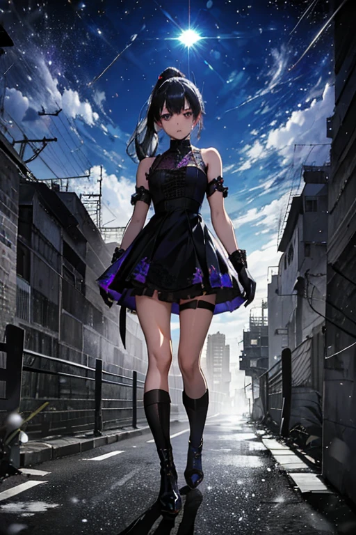 Anime Art、The streets and alleys of Hong Kong、Full body portrait、Modern street killer、Moonlit Ruins、Slim woman, Height: 155cm, Around 15 years old, Wearing a black mini dress, bare hands、Black knee-high socks、Ponytail Hairstyles、The eyes are covered by the bangs、Black Hair, Ambiguous expression、Purple eyes、gloves、boots、She's wearing silver earrings..,Cold Stare, Small breasts,Gothicta,Masamune Shirow