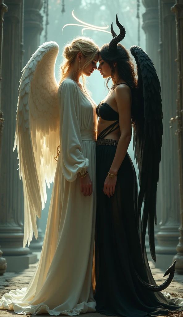A very beautiful and pure angel and a very beautiful and alluring succubus standing side by side, looking at this way.