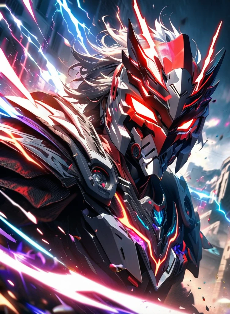 ,absurdres, highres, ultra detailed, HDR, masterpiece, extremely detailed face and eyes,,,red and white Kamen rider ryuki, epic eagle knight mask, , , solo, man, handsome, ,, , Epic fight scene, colorful splashing effect,colorful lightning effect,glowing glitters, explosive effect