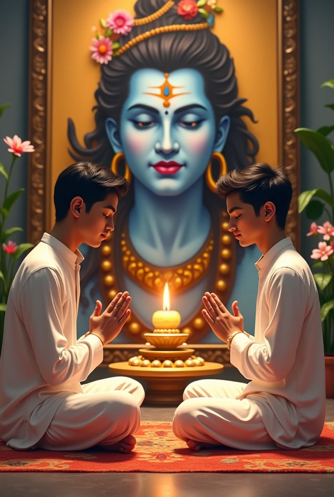 A real Indian two young brother, both 20 years old, are seated and praying in front of a Shivling adorned with flowers and belpata (green leaves). Behind them, there's a floral board with an image of Lord Shiva. They Both are wearing a white kurta , Both of them have stylish hair and look very cute, enhancing the spiritual or religious ambiance.