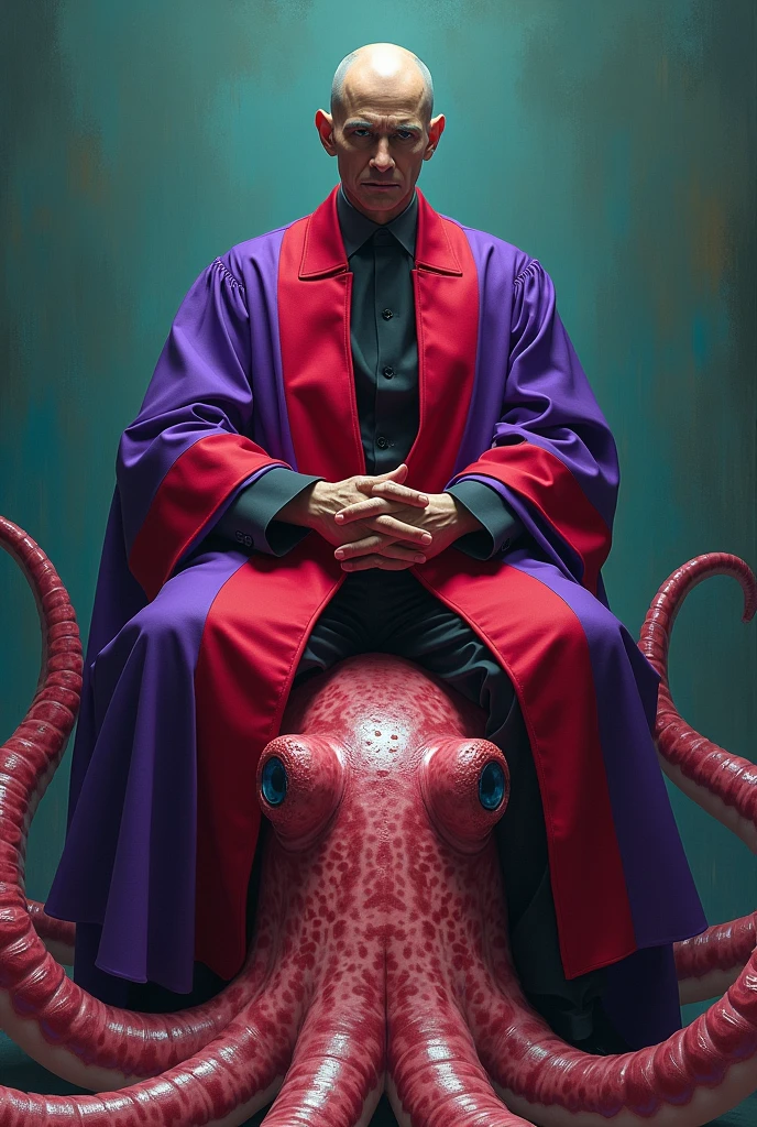 Alexandre de Moraes's shaved head, beardless, dressed in a purple and scarlet judicial robe like a prostitute of the apocalypse, sitting on top of a Brazilian Supreme Federal Court Squid.