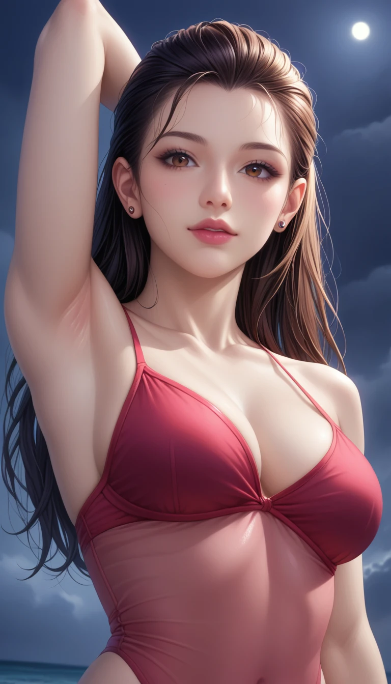 score_9, score_8_superior, score_7_superior, High-resolution CG illustration,A masterpiece in 32K resolution,Highest quality,it is really amazing,Very detailed,Ultra-high resolution,Ultra-realistic,Realistic,Increased depth of field,Cinematic lighting,
Sexy mature Japan woman,
Straight long hair with black hair,Ultra-detailed and beautiful face,Calm and gentle look,Beautiful brown eyes,Translucent white skin,Realistic skin texture,Great proportions,
Elegant red swimsuit,
Simple design,Chic color scheme based on red,Detailed fabric texture,
(Dark overcast sky on a dull night:1.1),(Dark clouds filling the sky:1.1),Thundercloud,Coastline at night,Stormy seas,delay々A desolate sandy beach that continues,
Stretching on the sandy beach,Low - Angle,