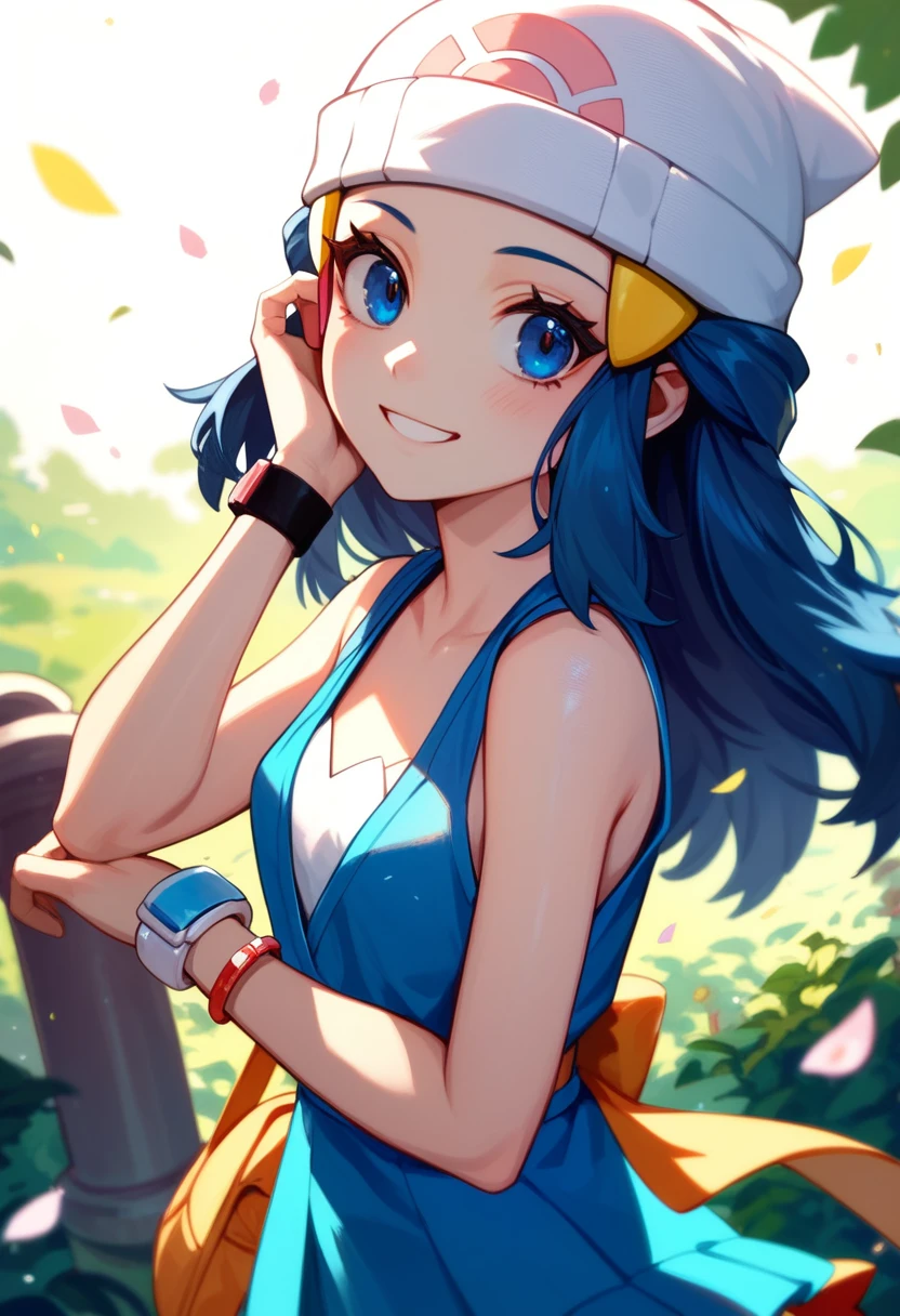 gonzarez, masterpiece, , dawn,pokemon,1 girl , Alone, smile, blue hair, amusement park,blue eyes,sexy ,Accessories{bracelet,wait,hair clips}