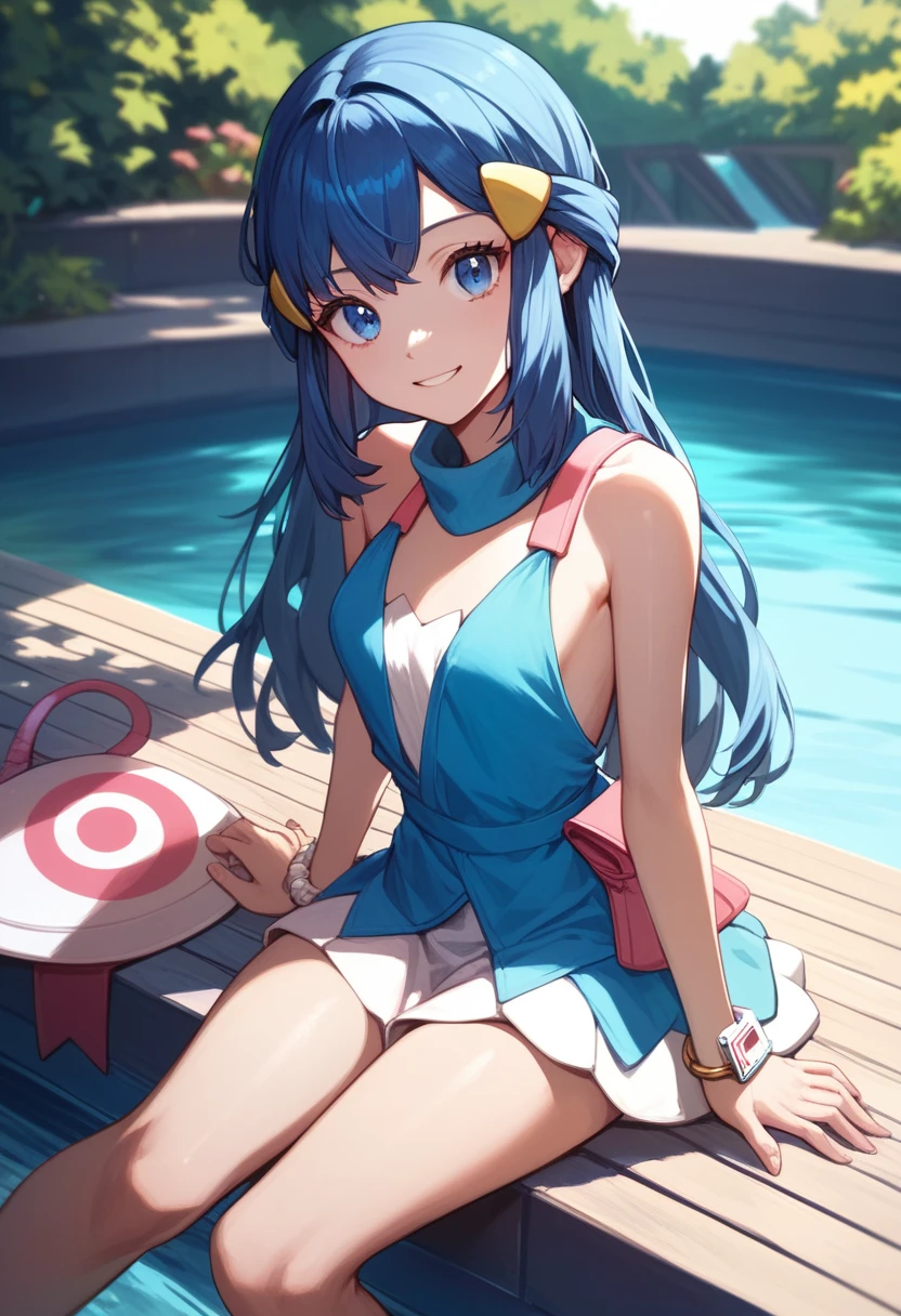 gonzarez, masterpiece, , dawn,pokemon,1 girl , Alone, smile, blue hair, amusement park,blue eyes,sexy ,Accessories{bracelet,wait,hair clips}