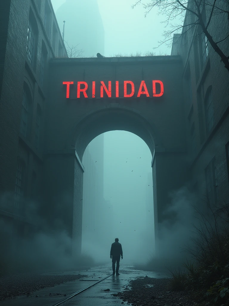 Generates an image of a large, intriguing sign that reads 'TRINIDAD', shrouded in a sense of mystery. The sign stands tall against a backdrop of thick, Creeping mist, emphasizing its imminent presence. The periodic absence of light and shadow suggests that the environment is full of suspense and secrecy. Despite the arcane atmosphere, the sign remains clear and welcoming, intriguing passersby with its promise of imminent surprises.