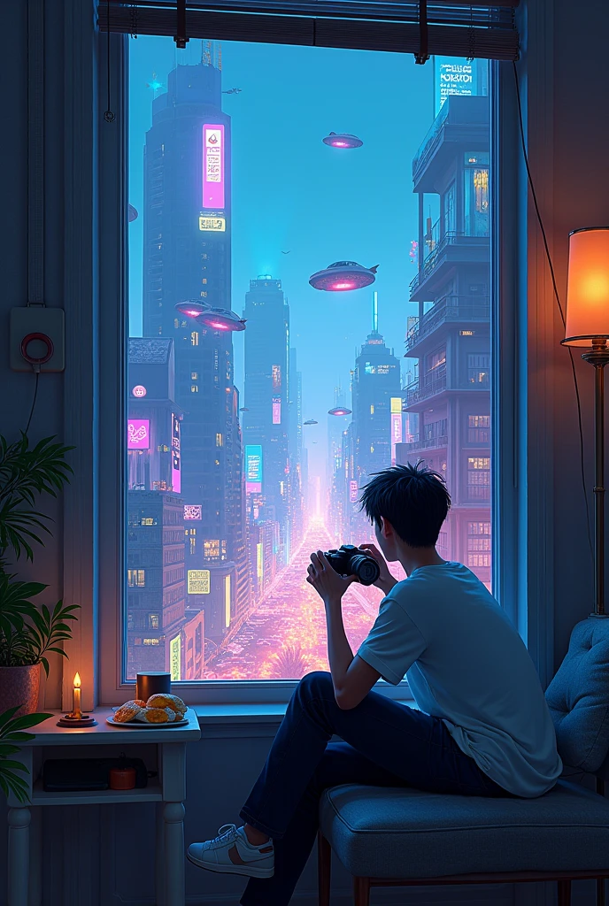 A photographer is seen outside his very simple one-person apartment, This one sipping his coffee at the window with fried eggs resting on the windowsill ,In the background, the city with many flying cars passing by , many neon lights on the blue buildings, red and purple , Seen in the distance is a very busy city full of holograms