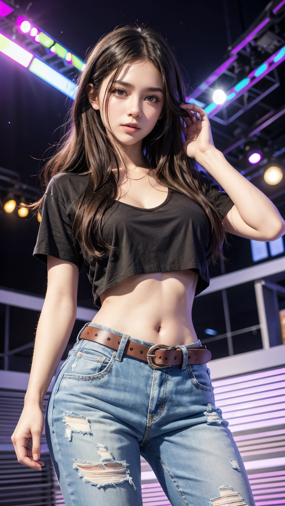 Beautiful 18-year-old brunette girl with a Brazilian face wearing a black t-shirt and high-waisted jeans with a belt showing her belly button in a T shape.