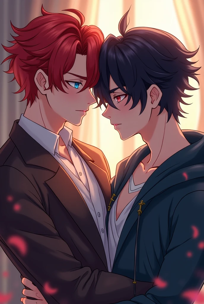Gay boy couples one with red hair cyan eyes and second one with black hair red eyes like hanzo and hayabusa from mobile legends