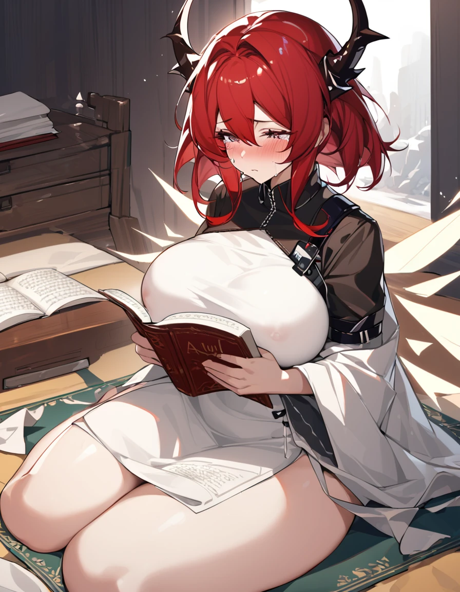 Surtr(Arknights),red hair,curvy body,wears Muslim clothes,big breast,nsfw,praying in bedroom,hugged by Exusiai(Arknights),red hair, wearing white dress,sitting on a prayer mat,crying, reading Qur'an,nsfw