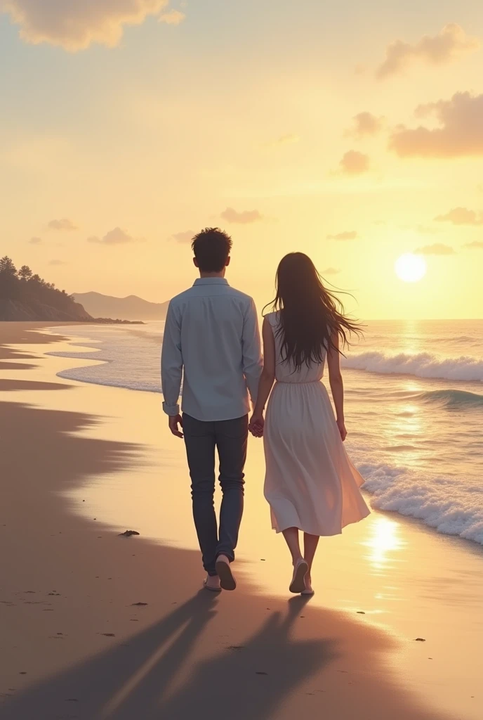 A beach at dawn or sunset, with a man and a woman with their backs turned, walking towards the shore. He might be slightly ahead, walking with determination towards the water, while she stays close, Further back, gazing at the sea with some fear. The distance between them could symbolize their mixed emotions..