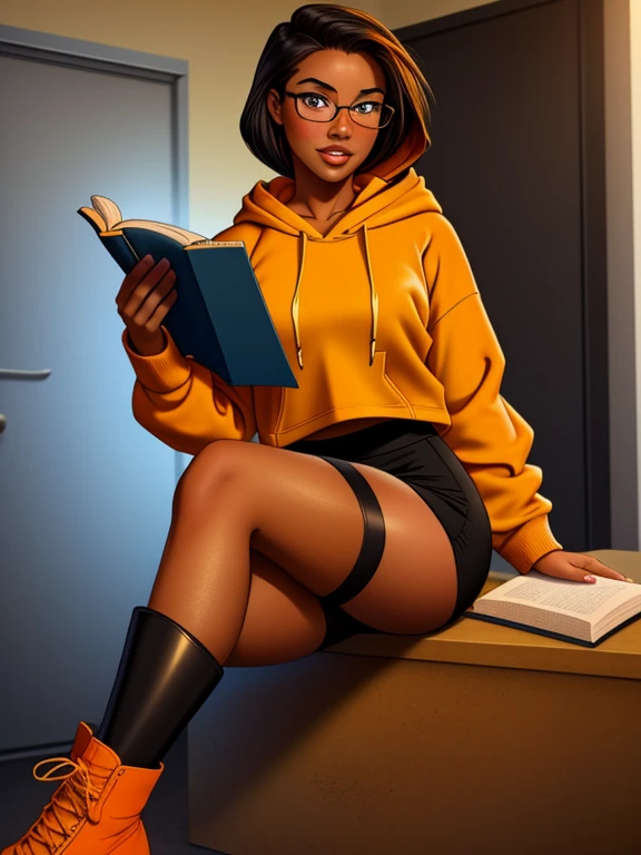 Masterpiece, 1girl, solo, 20 year old college student, she has tan-bronze skin with some freckles, short black hair with orange streaks, amber colored eyes, (she's wearing a yellow hoodie, tight black pencil skirt, reading glasses, heeled boots)