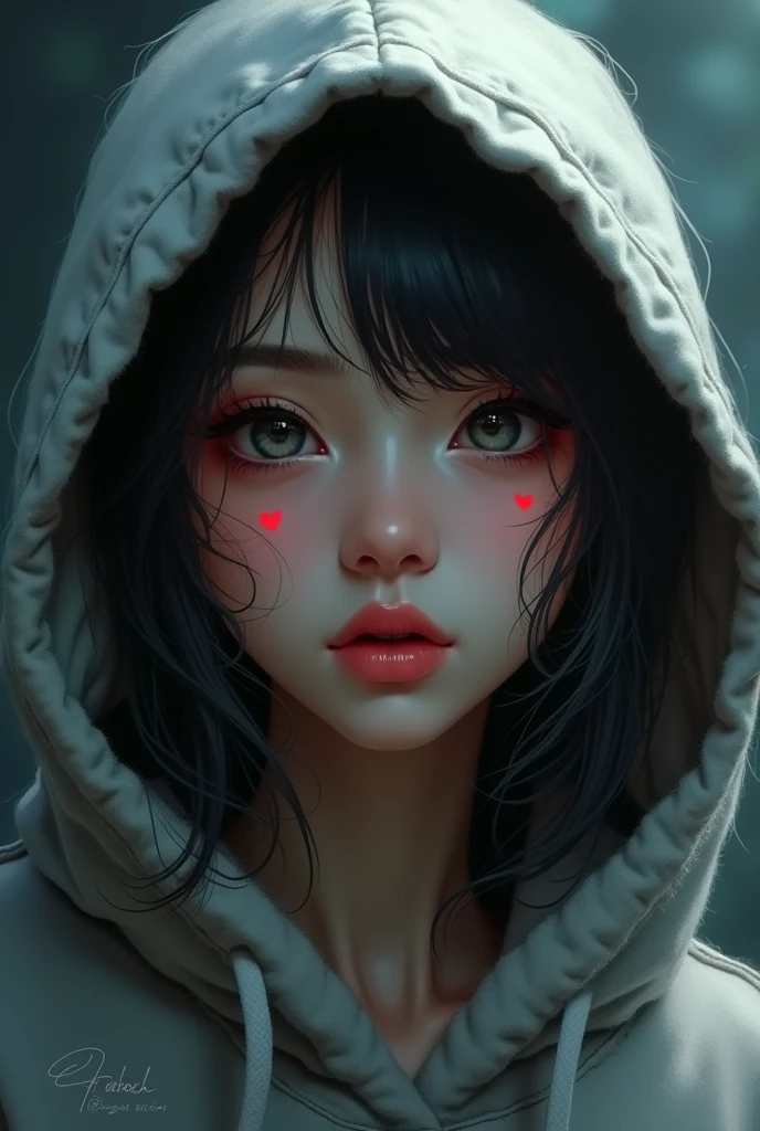 a beautiful girl with heart-shaped pupils, open mouth, wearing a hoodie, detailed portrait, cinematic lighting, photorealistic, highly detailed, digital painting, masterpiece, intricate details, realistic skin texture, vivid colors, dramatic lighting, atmospheric, concept art style