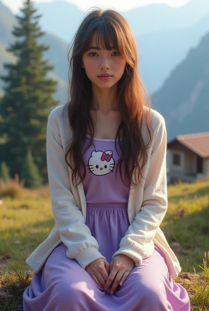 Portrait of a 17 year old Turkish girl with long, straight brown hair wearing a purple Hello Kitty nightgown and a white cardigan,sitting on a chair on the edge of a beautiful mountain surrounded by green trees in the morning atmosphere near a simple house in the light of the bright morning sun,standing facing the camera