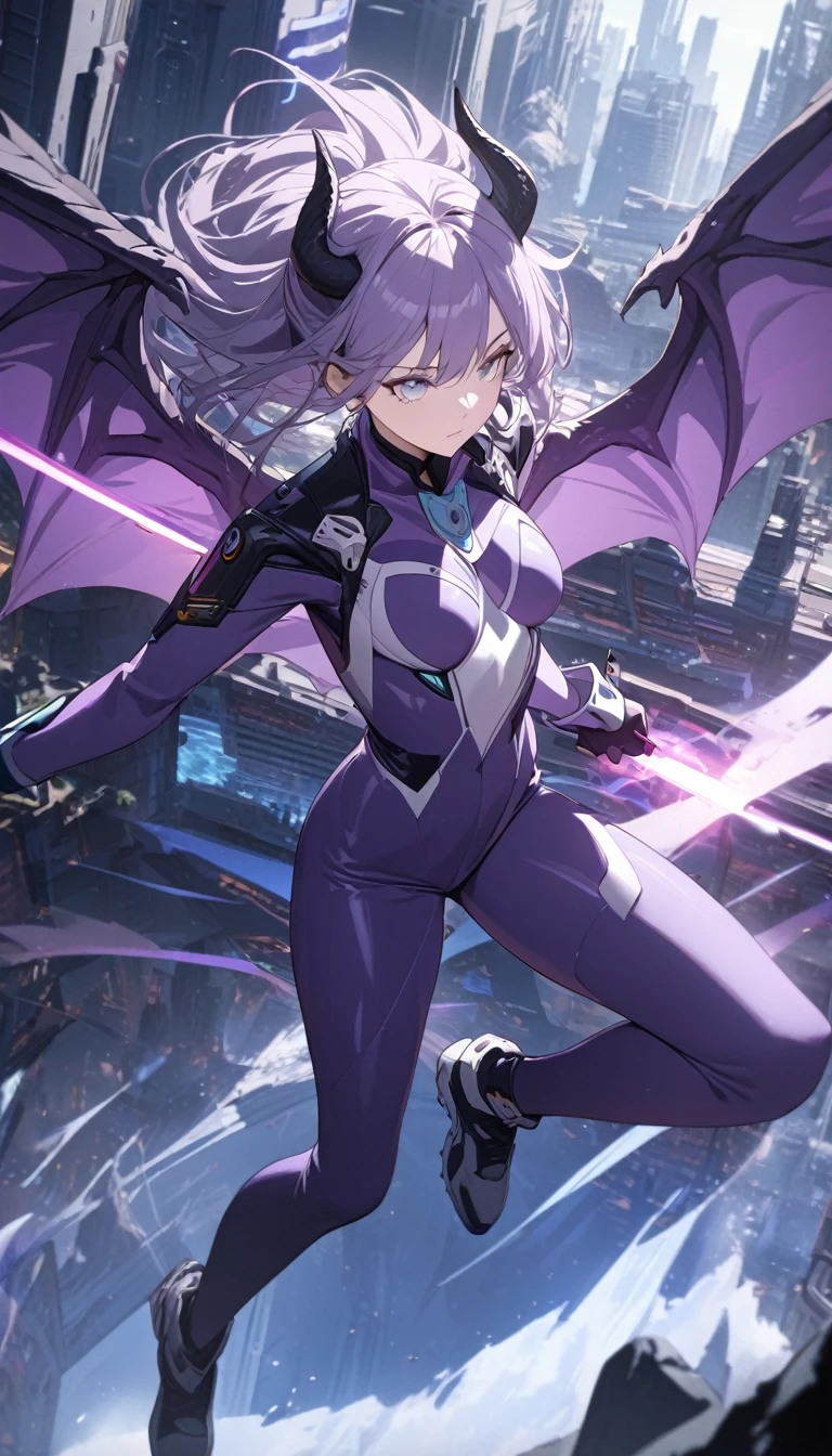 (masterpiece, top quality: 1.2), Super detail, cinematic lighting, (1 girl: 1.3), full body purple suit, Super sentai, White boots, fighting a ghost, Alone, beautiful eyes of detail, 8k unified wallpaper, Super detailed, Beautiful and beautiful, beautiful, Skinny body, little, masterpiece, Best Quality, original, masterpiece, Best Quality, ultra high definition, sunlight, Whole body portrait, Whole body, extraordinary beauty, dynamic pose, dynamic angle, beautiful eyes, she is a squadron hero, very detailed futuristic city, detailed complex background, clear focus, Hinata Huyga (Naruto), long purple hair, white eyes, a pair of dragon horns on her head, very large dragon wings on the back, purple dragon wings