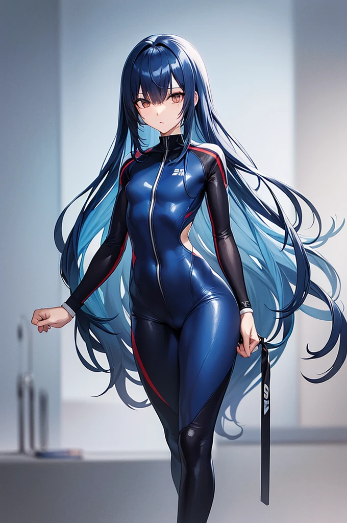 masterpiece, best quality,anime style, 1 girl,(((slender body))), (((small eyes))),(((athlete suit))), (beautiful face), (((long hair))), (((straight hair))), ((((blue hair)))),detailed beautiful skin, (perfect hands, perfect anatomy),scream