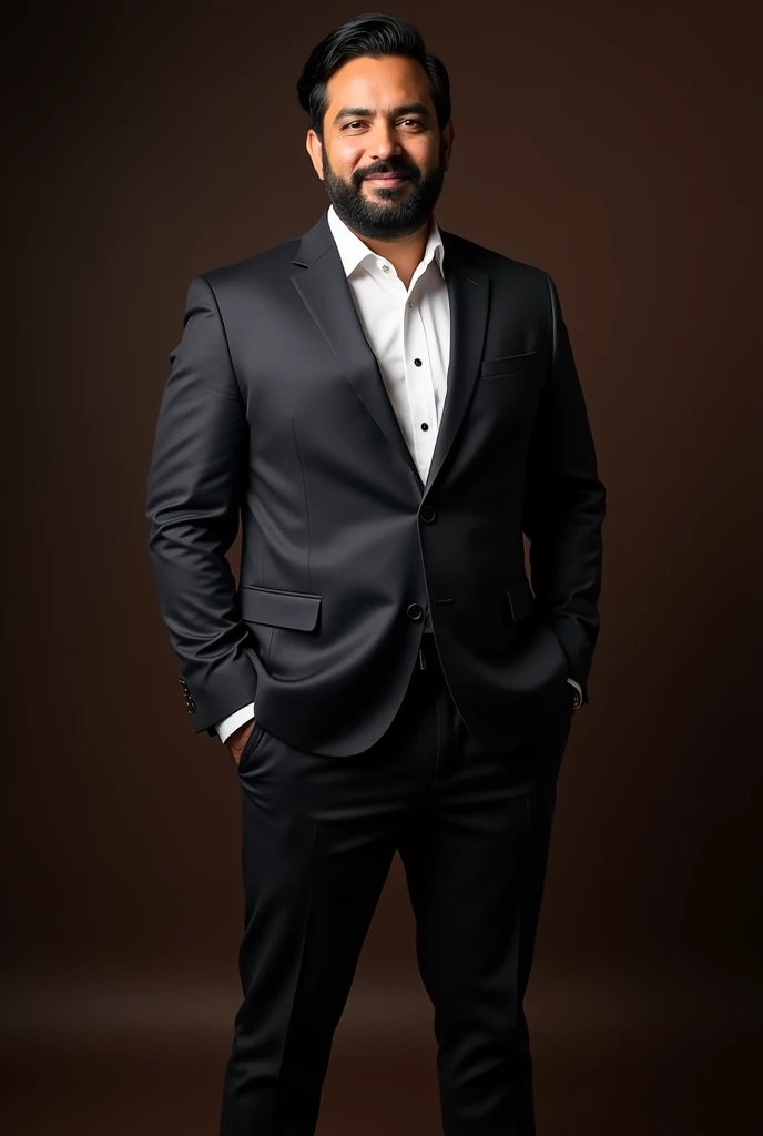 Professional full body photo of a strong posing light brown executive man , rounded face, medium-length straight black hair, short black beard, no tie, remove the tie, only blazer , don't wear a tie, dark chocolate background. Use professional lights.