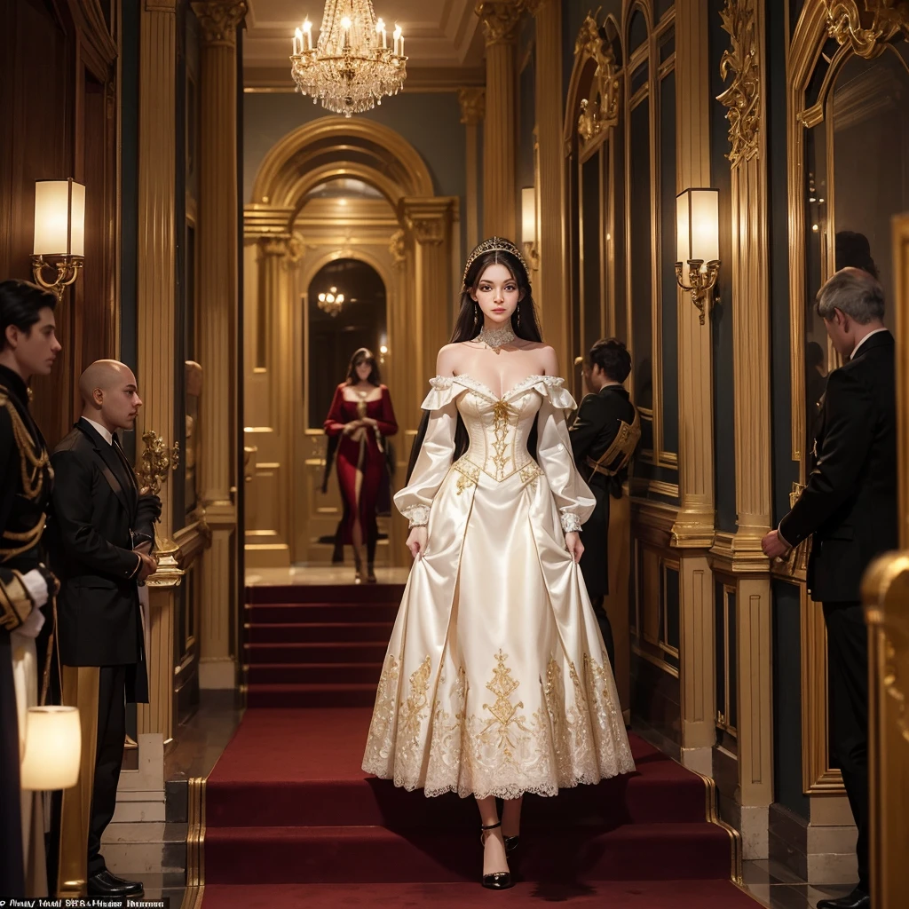 liz, the third daughter of a wealthy family, she walks with an air of superiority down a luxuriously decorated hallway. She is a tall, slender young woman, with an imposing presence. Her face has a haughty expression, with finely arched eyebrows and lips painted a deep red hue. She has bright emerald green eyes, they seem penetrating and calculating. She has hair as black as night, sleek, falling in soft waves on her shoulders, perfectly styled without a single strand out of place.

She wears an extremely extravagant dress, worthy of royalty, with multiple layers of ruffles and lace in shades of gold and ivory. The dress is adorned with jewels that sparkle with every movement, making her look like a figure from a Baroque painting. Her waist is cinched by a corset that highlights her slender figure, and the skirt of the dress spreads in a wide circle around her.

on your feet, she wears high, elegant heels, made of shiny black leather, with small golden buckles that shine as they reflect the light of the hallway. The sound of her steps echoes down the corridor, demanding attention with every click. liz avanza con una gracia estudiada, aware that she is the center of attention.

The setting is a hallway of a palace or a mansion, with dark red velvet carpets, crystal chandeliers hanging from the high ceiling, and walls decorated with old portraits of ancestors, all with stern gazes. liz camina en el centro del pasillo, surrounded by maids who watch her nervously from the corners, fearful of crossing her path.
