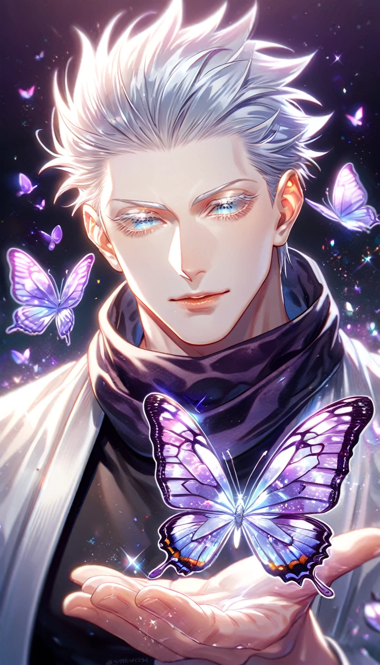 (absurdres, highres, ultra detailed, HDR) master piece, best quality, extremely detailed, delicated features, Gojou Satoru, white hair, slicked back hair, ruffled hair, expressive blue eyes, white eyelashes, Jujutsu Kaisen, solo, sexy man, handsome, sensual, black tight T-shirt, white haori, black scarf, fantasy, magical, glittering, shining, purple flames, purple moon, purple flowers, purple butterflies