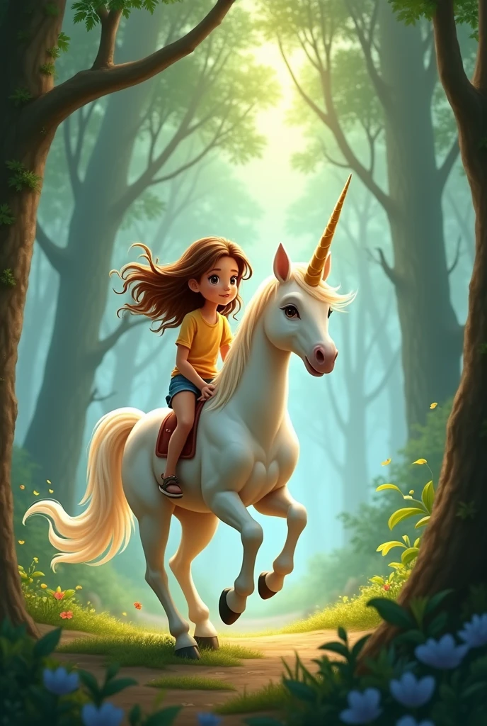 a teenager of short stature, Honey eyes, Cinnamon skin and brown hair riding a unicorn