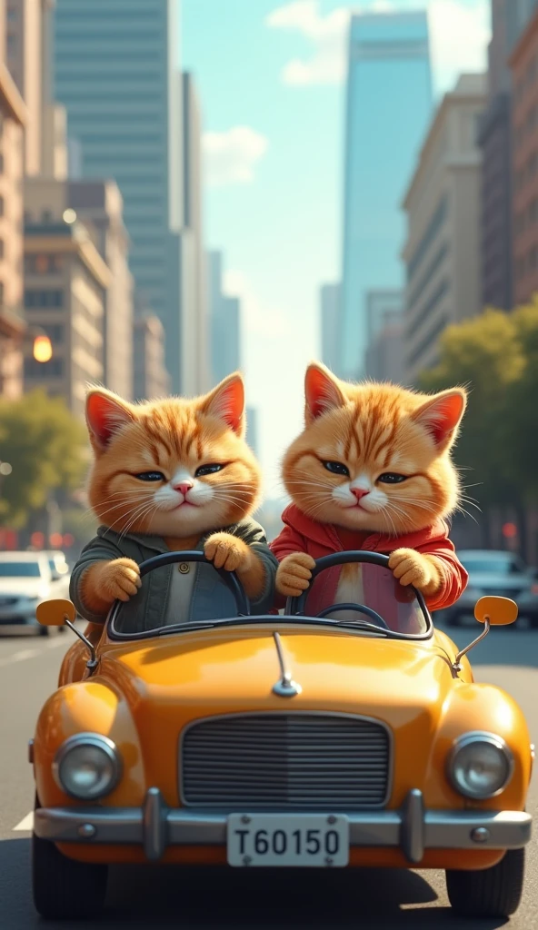 A pair of cute chubby cats are in a car, with the male cat behind the wheel, concentrating on driving, while the female cat sits beside him, looking relaxed and pampered. Both cats are dressed in casual, human-like clothing, giving the scene a charming and whimsical vibe as they enjoy their drive together. camera position in front of car, location in city street.