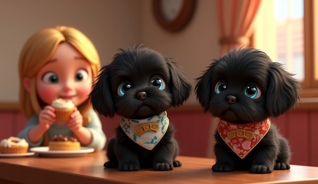 2 adorable black Shih Tzu puppies with big blue eyes weraing colorful collars and bandanas watch cute blonde girl eat a snack in a bakery 3D Pixar style
