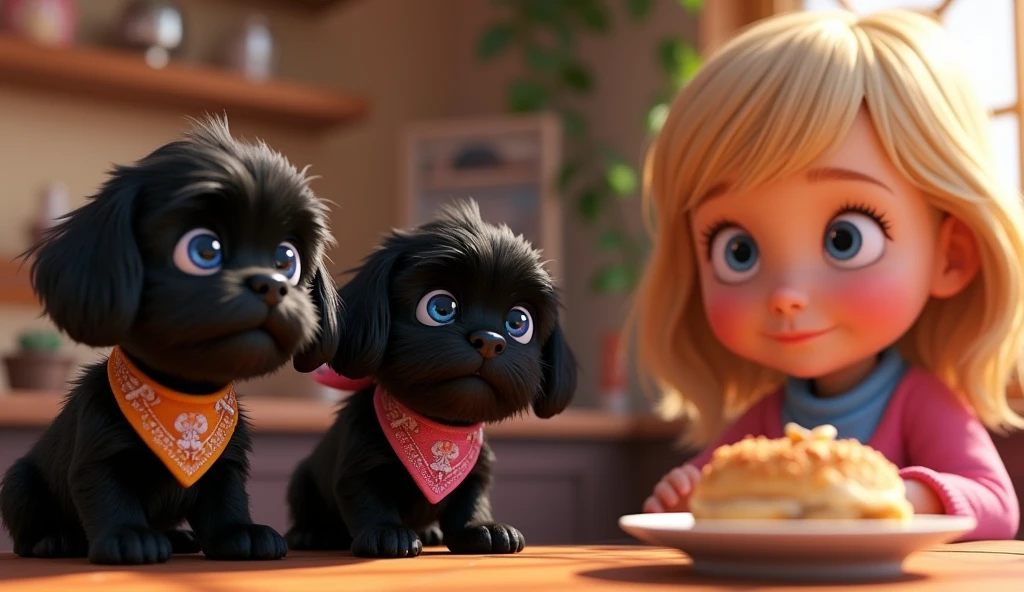 2 adorable black Shih Tzu puppies with big blue eyes weraing colorful collars and bandanas watch cute blonde girl eat a snack in a bakery 3D Pixar style