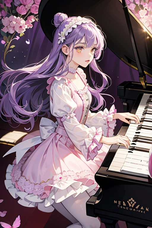 Melodine is a light-skinned girl with curly purple hair worn in a bun, with two tight finger curls framing her face and her bangs curled inward. She has yellow eyes and wears a white and black piano key-patterned headband with a bow that has a music note in the middle. Her music-themed outfit consists of a white top with pink frilly sleeves, pink trim on the collar, and a treble clef design, and a piano key tutu. Also, she wears lavender tights with pink ballet slippers. SPARKLE; GLITTER